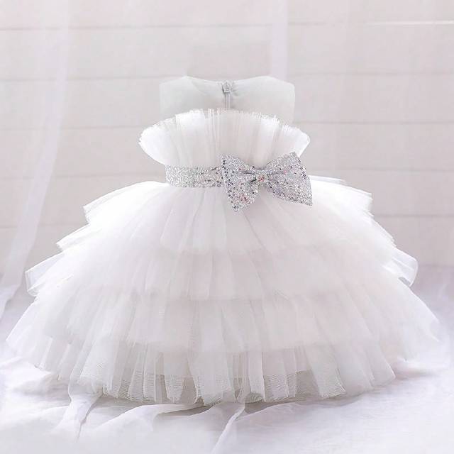 SHEIN Young Girls&#39; Solid Color Bow Layered Satin Tulle Puff Skirt, Elegant Dress Suitable For Birthday Party, Outdoor Party, Without Hair Accessories