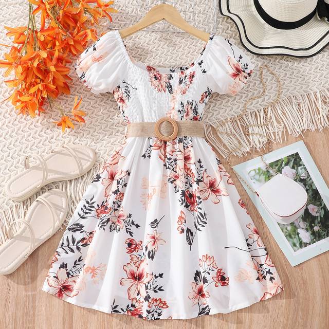 SHEIN Tween Girl Floral Print Shirred Puff Sleeve Belted Dress