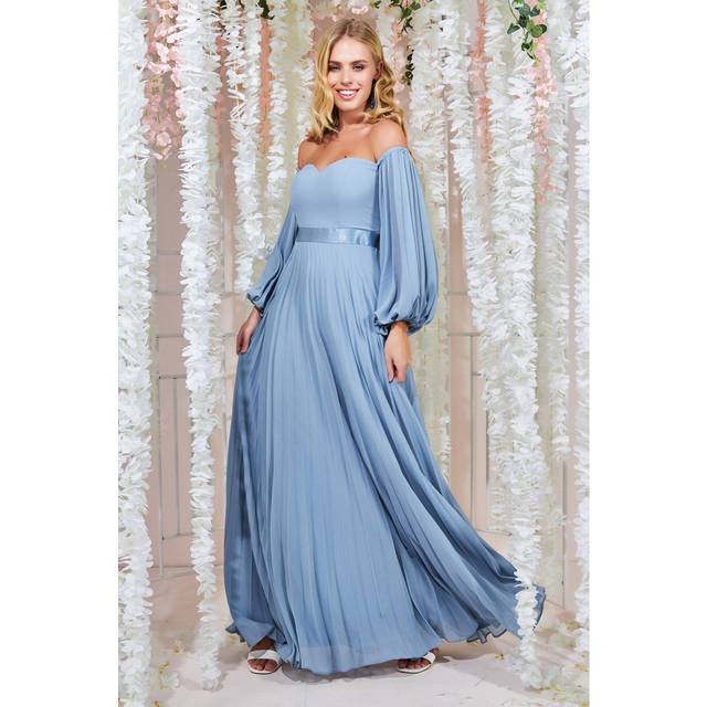 Bardot Chiffon Pleated Maxi - Blue by Goddiva - 14