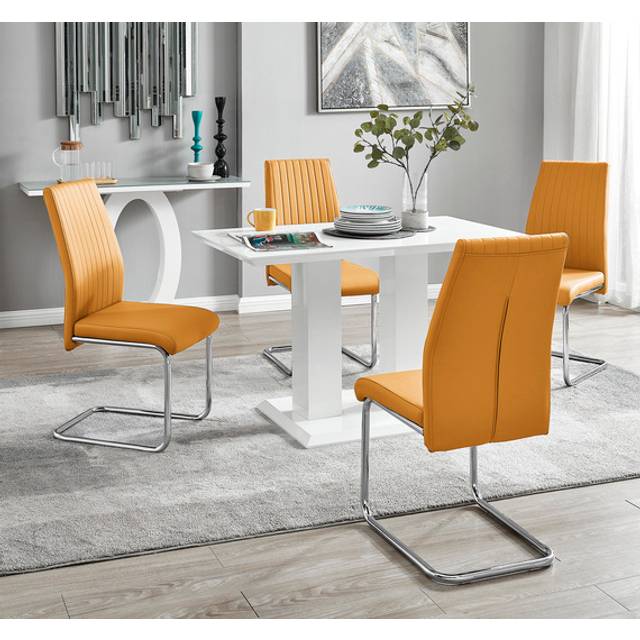 Imperia 4 Modern White High Gloss Dining Table and 4 Lorenzo Chrome Chairs Set - Yellow