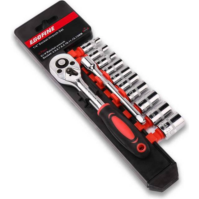 EGOFINE 12pcs 1/4 Inch Ratchet Socket Wrench Set, Drive Socket Set with 10 Sockets 4-13mm and 2 Way Quick Released Ratchet Handle and Extension Bar