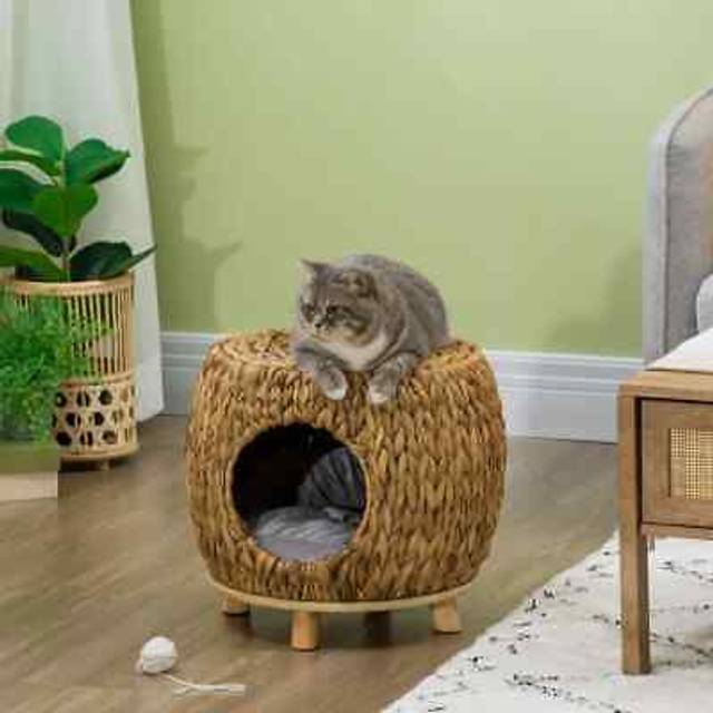 Pawhut Wicker Cat Cave/house Stool With Soft Washable Cushion,rattan Kitten Bed For Outdoor & Indoor Use, 44 X 43 X 41cm