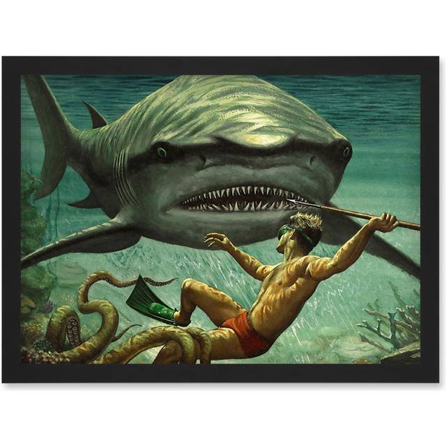 Painting Shark Attack Octopus Diver Spear Adventure Underwater Artwork Framed Wall Art Print A4 - Black - One Size