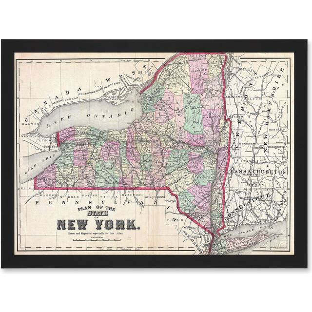 1873 Beers Map New York State Long Island Brooklyn Vintage A4 Artwork Framed Wall Art Print - Black - One Size