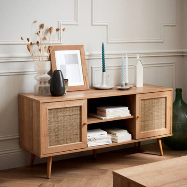 Sweeek - 120cm tv unit wooden and cane effect 2 doors, Boheme, Natural, 120x39x56.5 cm