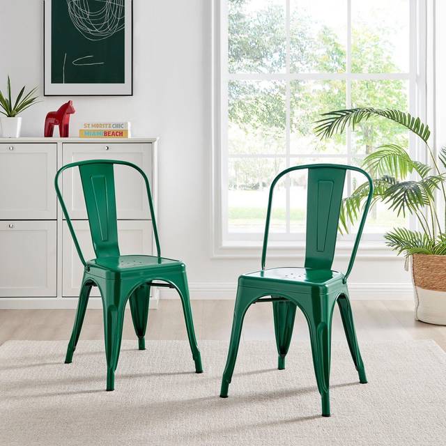 Set of 2 Colton Industrial Steel Stackable Tolix Style Dining Chairs - Green - One Size