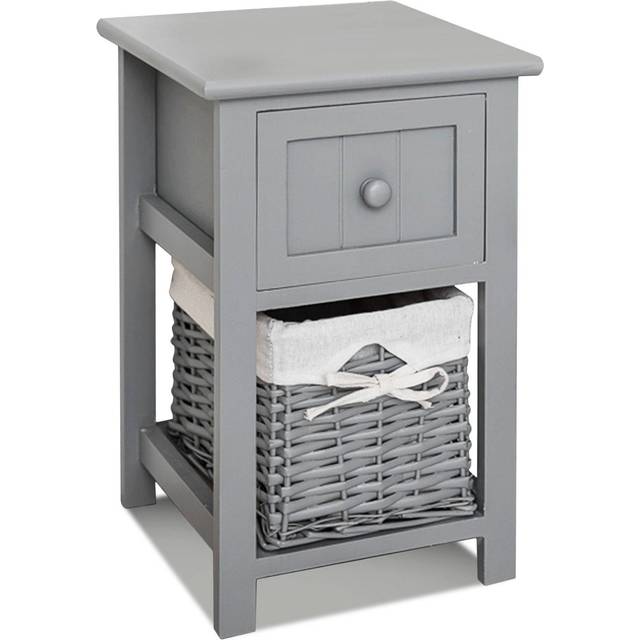 Stylish Bedside Cabinet Table with a Wicker Drawer - Grey - One Size
