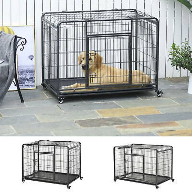 Pawhut Heavy Duty Dog Crates Foldable Indoor Dog Kennel And Dog Cage Pet Playpen With Double Doors Removable Tray Lockable Wheels Openable Top