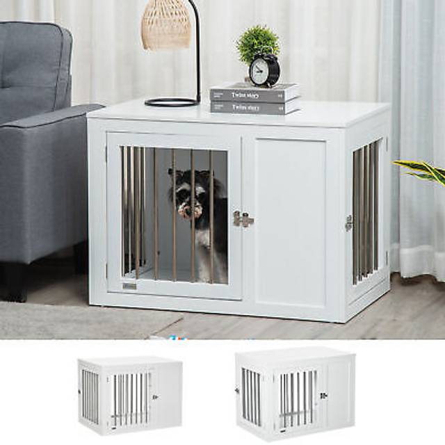PawHut Furniture Style Dog Crate, End Table Pet Cage Kennel, Indoor Decorative Puppy House, w/ Double Doors, Locks, for Medium Dogs, White Aosom UK