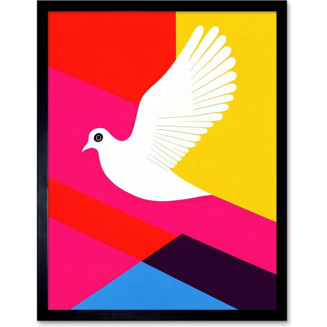 Wall Art Print White Peace Dove Vibrant Colourful Geometric Multi Colour Graphic Design Art Framed - Black - W12 inch x H16 inch