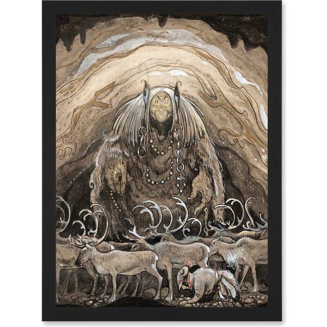 Painting Troll Cave Deer John Bauer Artwork Framed Wall Art Print A4 - Black - One Size