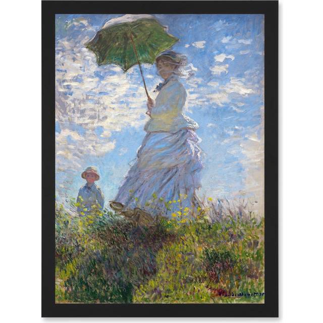 Claude Monet Woman With Parasol Madame Monet And Son Painting Artwork Framed Wall Art Print A4 - Black - One Size