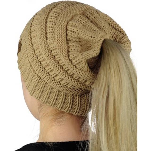 C.C BeanieTail Soft Stretch Cable Knit Messy High Bun Ponytail Beanie Hat  Camel