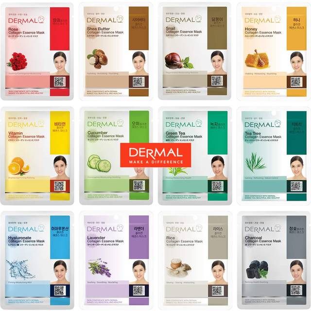DERMAL 12 Combo Pack Collagen Essence Korean Face Mask Best Value Set - Hydrating & Soothing Facial Mask with Panthenol - Hypoallergenic Home Spa Trea
