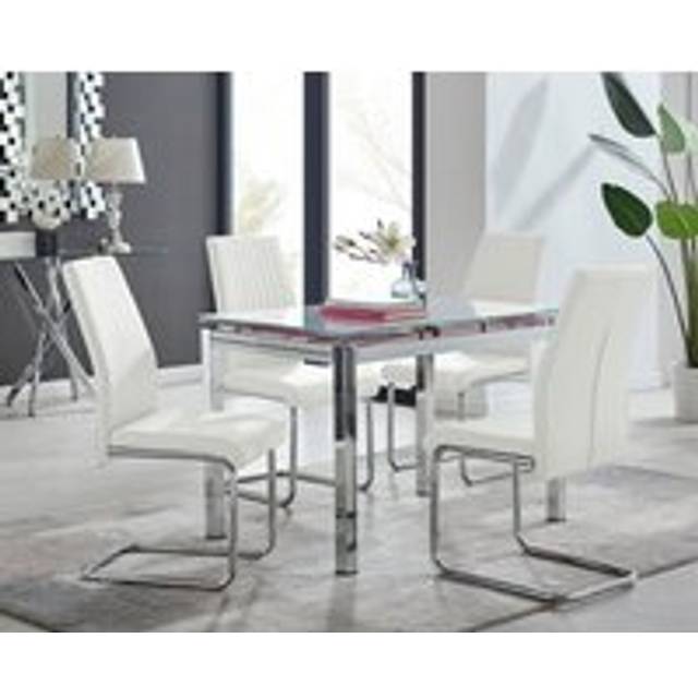 Enna White Glass Extending 4-6 Seater Dining Table and 4 Lorenzo Faux Leather Chairs - One Size