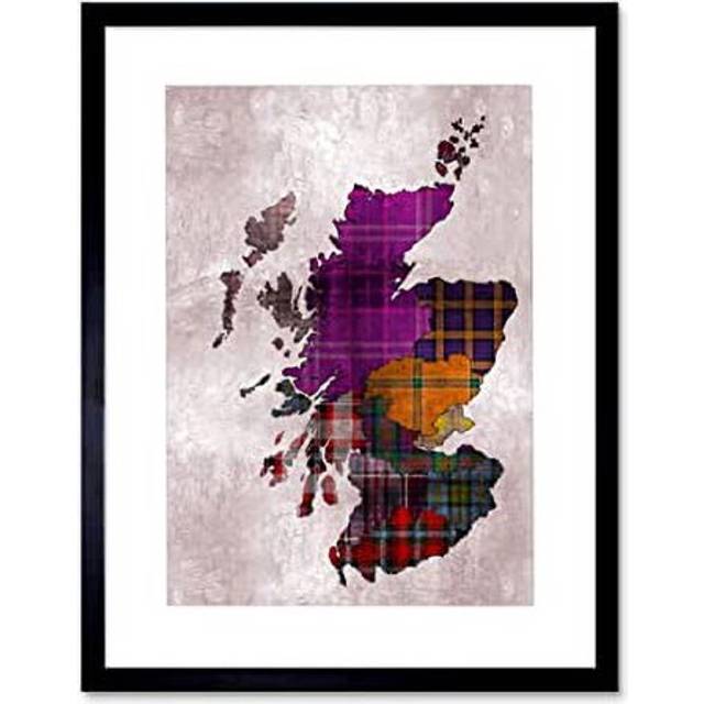 Wall Art Print Painting Map Outline Scotland Tartan Inset Regions Artwork Framed 9X7 Inch - Black - W7 inch x H9 inch