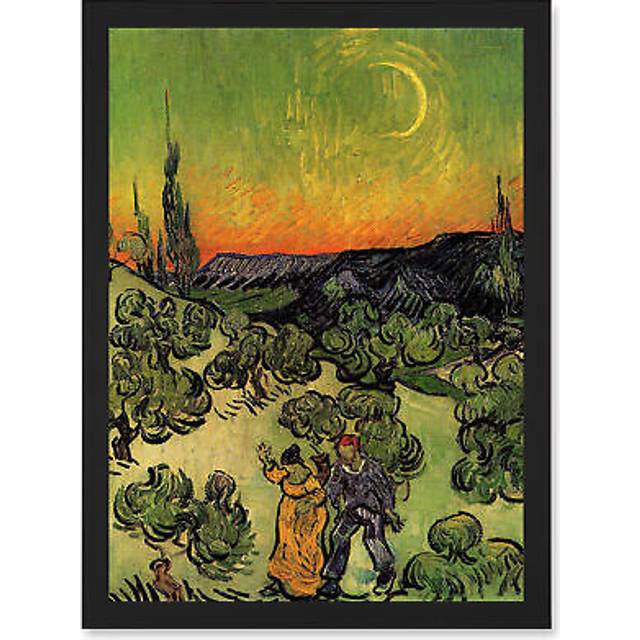 Painting Van Gogh Couple Walking Crescent Moon Artwork Framed Wall Art Print A4 - Black - One Size