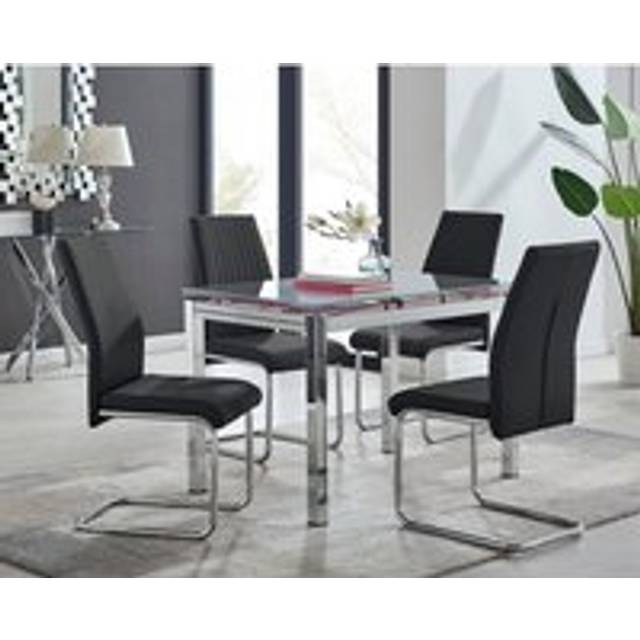 Enna White Glass Extending 4-6 Seater Dining Table and 4 Lorenzo Faux Leather Chairs - Black - One Size