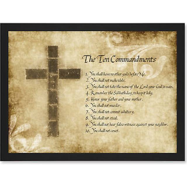 Ten 10 Commandments Cross Christian Religious Quote Typography A4 Artwork Framed Wall Art Print - Black - One Size
