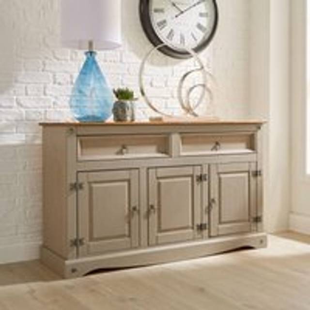 Grey Sideboard 2 Drawer 3 Door Cupboard Solid Mexican Pine Wooden Cabinet