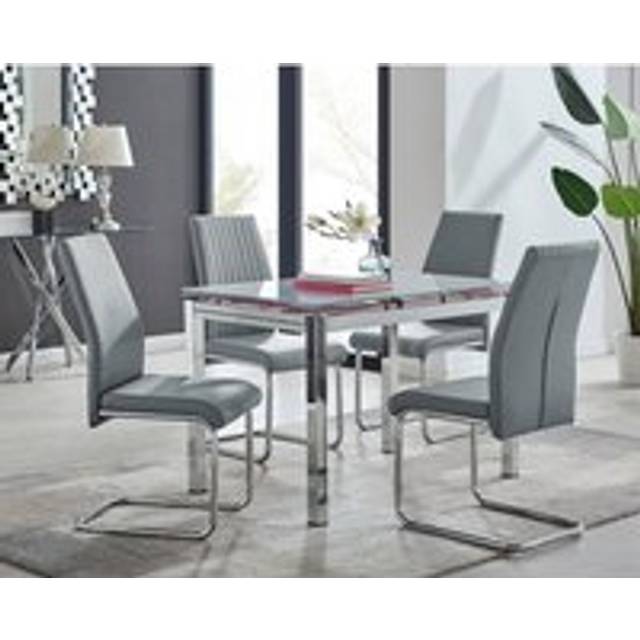 Enna White Glass Extending 4-6 Seater Dining Table and 4 Lorenzo Faux Leather Chairs - Grey - One Size