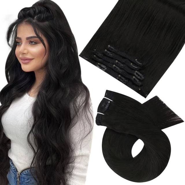Moresoo Clip on Hair Extensions Human Hair Black 10inch Short Hair Extensions Clip in Human Hair Natural Black Clip in Hair Extensions Off Black #1B 5