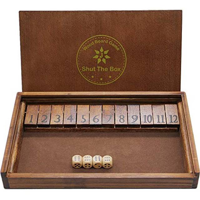 Juegoal Shut The Box Wooden Board Dice Game with 12 Numbers and Lid for Kids Adults Families  2 Players and Up