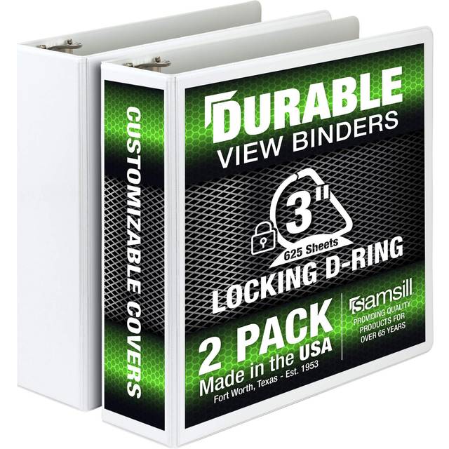 Samsill Durable 3 Inch Binder  Made in the USA  D Ring Binder  Customizable Clear View Binder  White  2 Pack  Holds 625 Pages