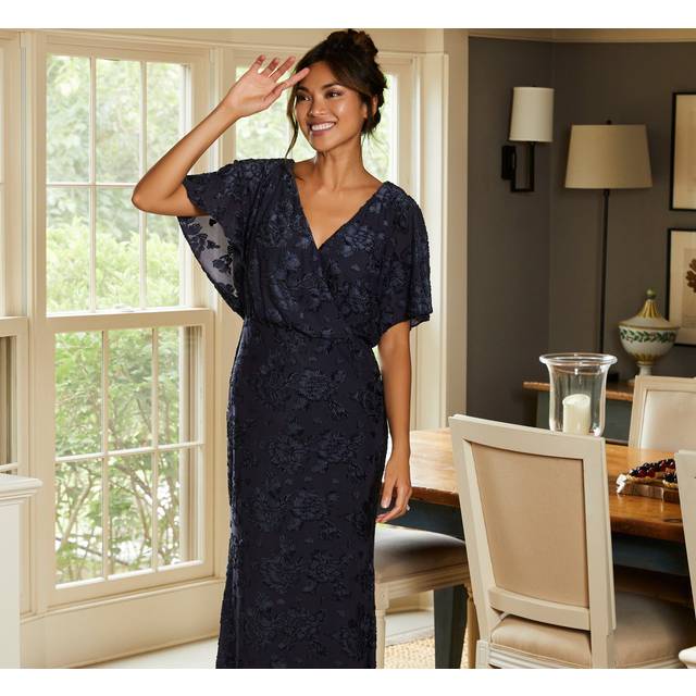 Floral Burnout Velvet Long Blouson Gown In Midnight - 2