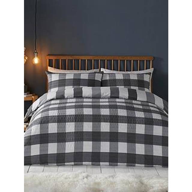 Seersucker Gingham Check Brushed Cotton Duvet Cover Set - Charcoal - King Size - Fusion
