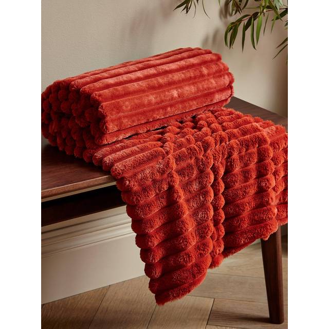 Cosy Ribbed Faux Fur Soft Blanket Throw - Burnt Orange - One Size - Catherine Lansfield