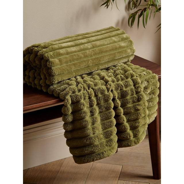 Cosy Ribbed Faux Fur Soft Blanket Throw - Olive - One Size - Catherine Lansfield