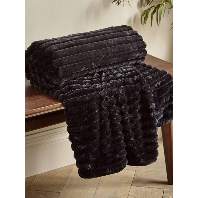 Cosy Ribbed Faux Fur Soft Blanket Throw - Black - One Size - Catherine Lansfield