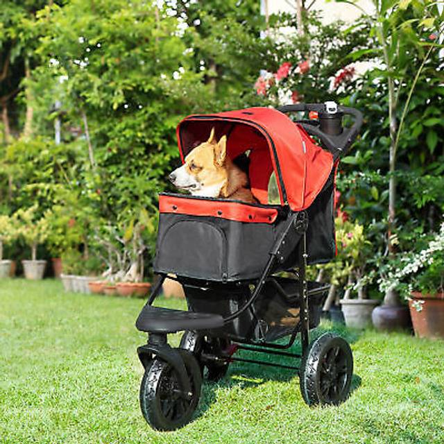 Pawhut Oxford Cloth Folding 3-wheel Pet Stroller Dog Trolley Red/black