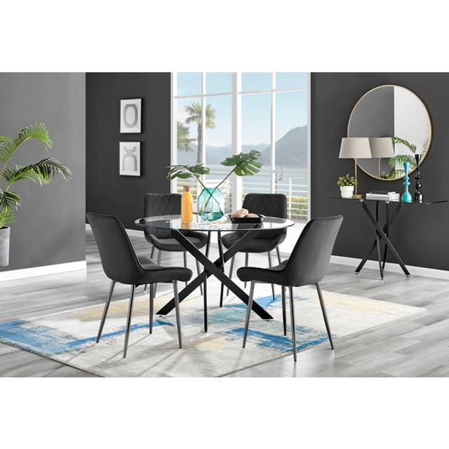 Novara Black Leg 120cm Round Glass Dining Table Pesaro Black Leg Chairs - Black / Dining Table and 4 Chairs