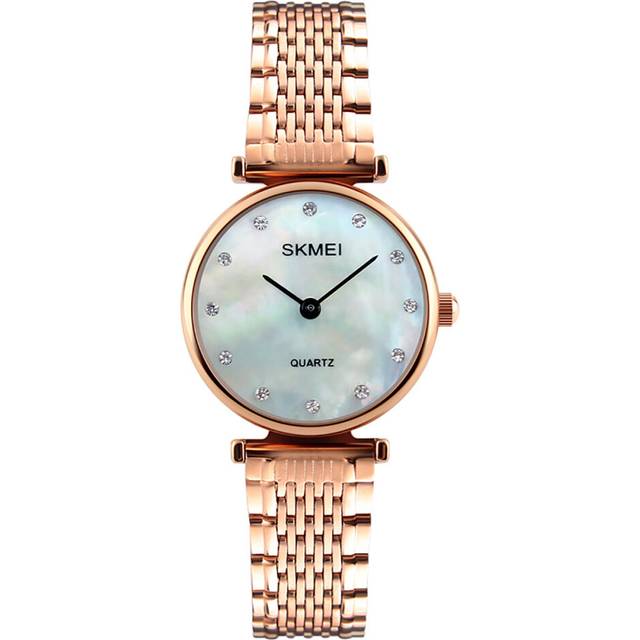 (Gold/Mother Of Pearl) Skmei Women&#39;s Watch Rose Gold Or Silver Intricate Link Strap Mesh Style Classic Crystal Stones SK1223