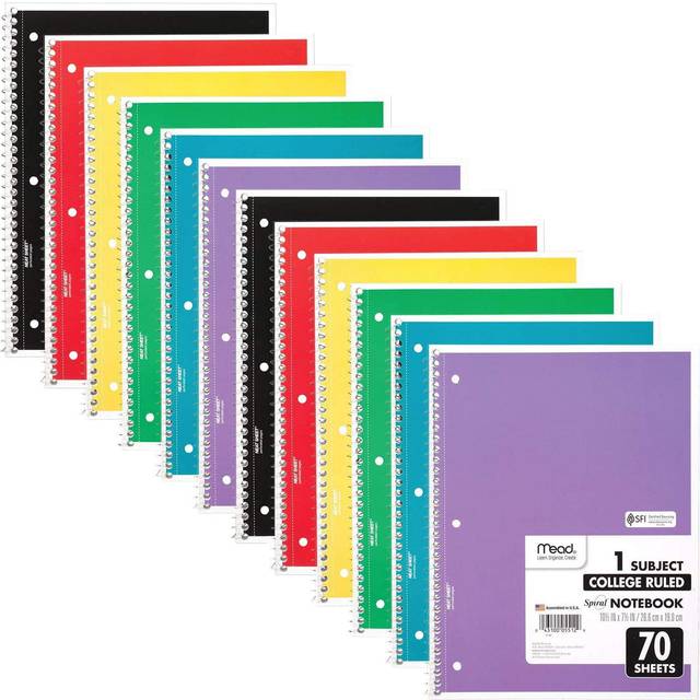 "Mead Spiral Notebooks  12 Pack  1-Subject  College Ruled Paper  10-1/2"""""""" x 8""""""""  70 Sheets per Notebook  Color Will Vary (73703)"