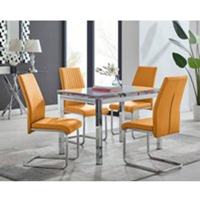 Enna White Glass Extending 4-6 Seater Dining Table and 4 Lorenzo Faux Leather Chairs - Mustard - One Size