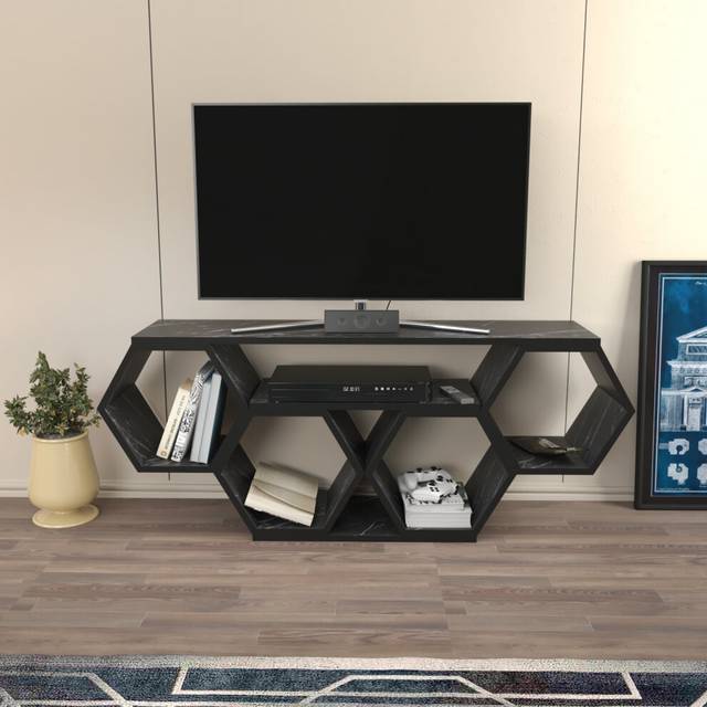 Decorotika Derin 180 Cm Tv Unit For Tvs Up To 71" - White Marble And Gold, Multi