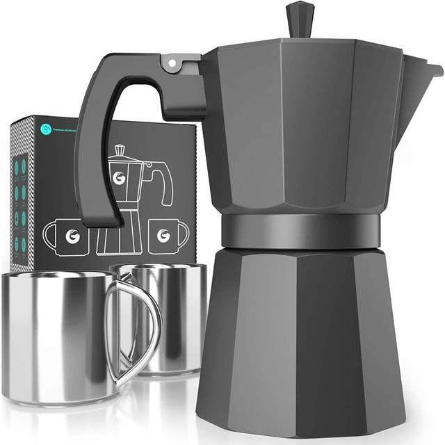 Moka Pot Stovetop Espresso Maker - Rapid Stove Top Coffee Brewer - Includes 2 Stainless Steel Vacuum Insulated 3oz Cups - 12oz/6-cup Brewing Capacity
