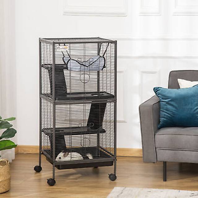 PawHut Small Animal Cage with Wheels Pet Home for Chinchillas, Ferrets, Kittens , Hammock, 4 Platforms and Removable Tray