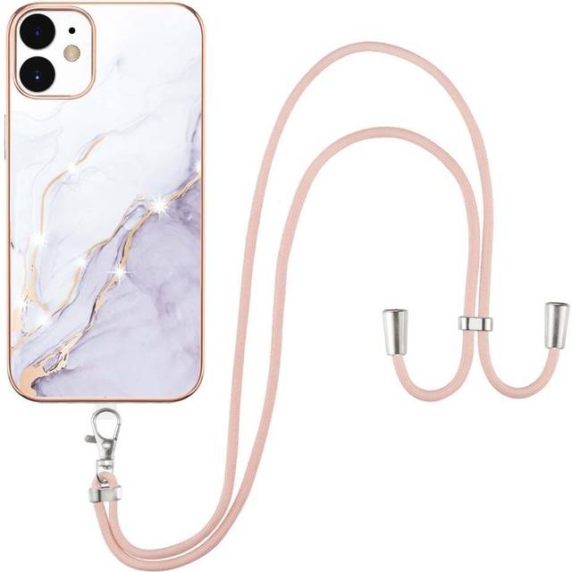 iPhone 12 / 12 Pro Skal Hybridplast med Justerbar rem - Vit Marmor