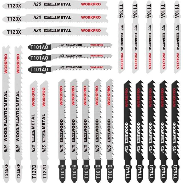 WORKPRO 25-Piece T-Shank Jig Saw Blade Set with Storage Case, Made with HCS/HSS/BIM, Assorted Blades for Wood, Plastic and Metal Cutting, Compatible