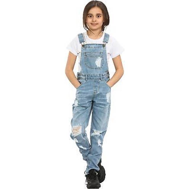 Kids girls denim dungaree full length light blue ripped jeans fashion jumpsuit