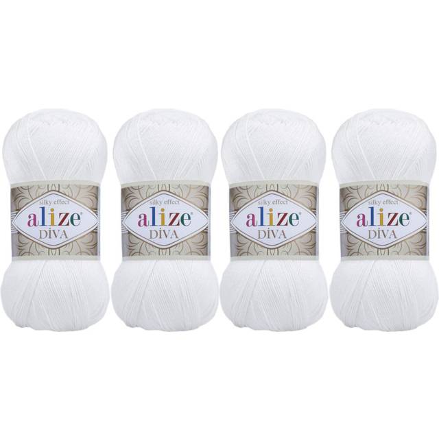 100% Microfiber Acrylic Alize Diva Silk Effect Knitting Sport Crochet Yarn Lot of 4 Ball skeins 400gr 1532yds Color (55 White)