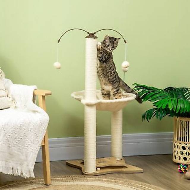 PawHut Cat Tree Indoor Kitten Play Tower, Sisal Scratching Posts with Hammock & Ball Toy, 53.5x53.5x90 cm, Beige Aosom UK