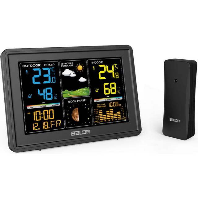 BALDR Home Weather Station & Indoor Outdoor Thermometer with Wireless Remote Sensor, Atomic Alarm Clock, Moon Phase Display, Barometric History