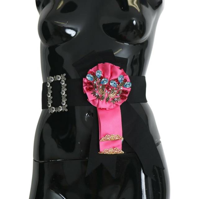 Dolce & Gabbana Black Pink Flower Brooch Crystals Cotton Belt - IT38|XS