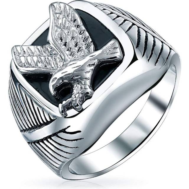 Mens Large Statement Black Patriotic USA Flying American Bald Eagle Square Signet Ring for Men Gold Plated Silver Tone Stainless Steel