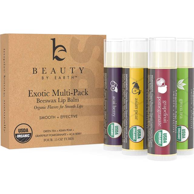 Beauty By Earth, Organic Beeswax Lip Balm, Exotic Multi-Pack, 4 Tubes, 0.15 oz Each